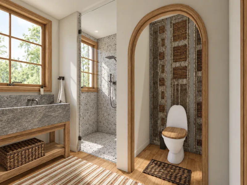 Southwestern bathroom with a walk-in shower, wood accents, stone vanity, and rustic toilet alcove.