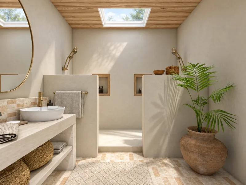 Southwestern bathroom with a plaster walk-in shower, stone tile, woven baskets, and a large clay planter.