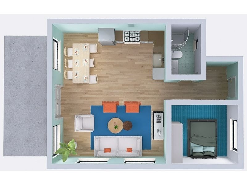 Top view of a 3D floor plan made with Homestyler. The floor plan features a kitchen/living/dining room, a bedroom, a bathroom, a hallway and an outdoor area. The colors of the floor plan are mainly white, orange, and blue.