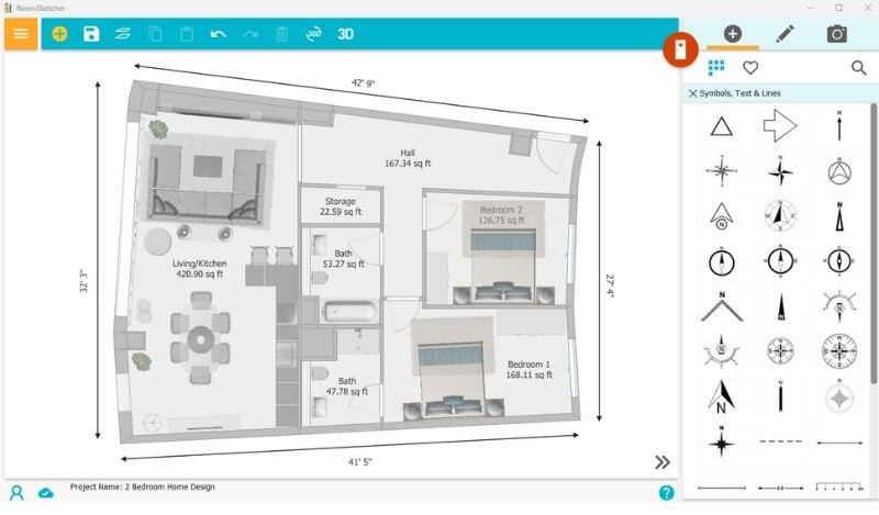 RoomSketcher floor plan software—editor UI with walls, doors, and furniture