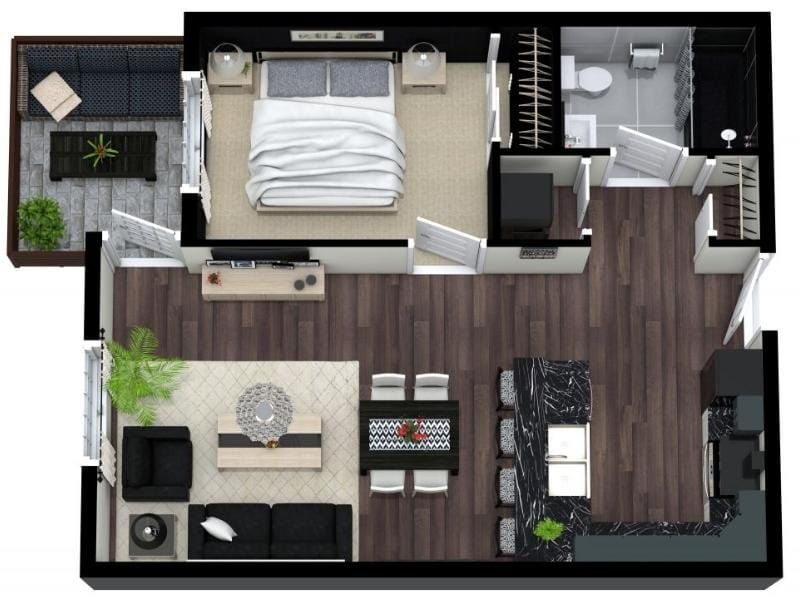 3D Floor Plan of a one-bedroom apartment with an open living area. The layout includes a bedroom with double bed, bathroom, kitchen with island, dining area, and living room. A small balcony with outdoor seating is connected to the bedroom.