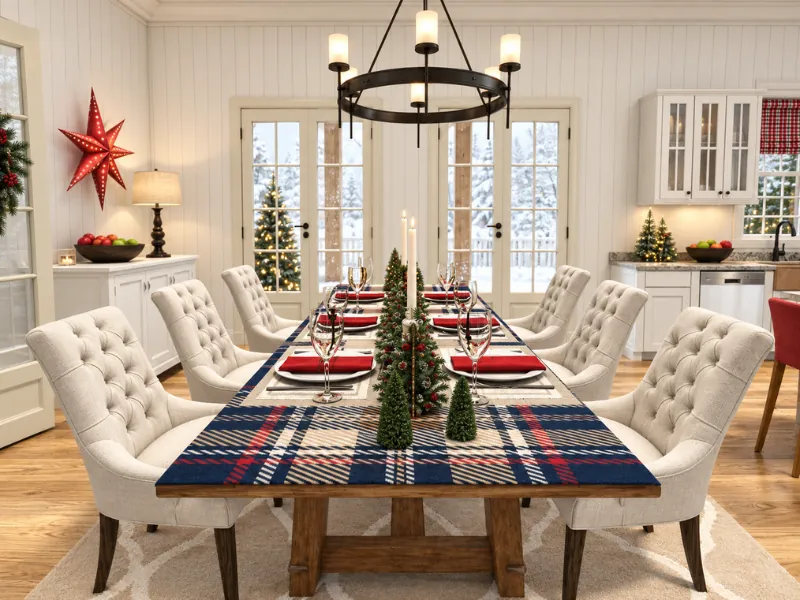 Christmas dining room with a decorated table, garlands, candles, and a lit tree.
