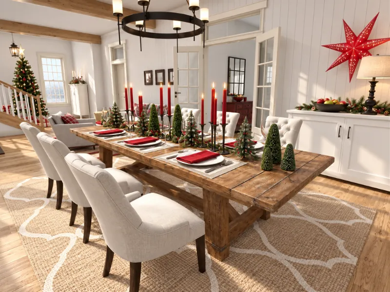 Open-plan living and dining room decorated for Christmas with red accents, garlands, and a tree.