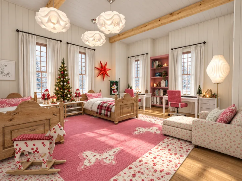 Kids bedroom decorated for Christmas with a tree, red accents, festive bedding, and a large star decoration.