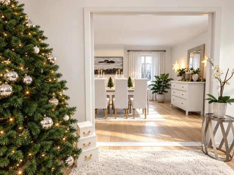 Elegant Christmas dining room with a silver-decorated tree, candles, and neutral festive decor.
