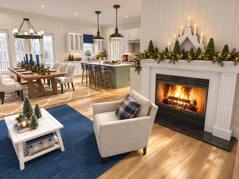 Christmas living room with a lit fireplace, garland, miniature trees, and festive dining decor.