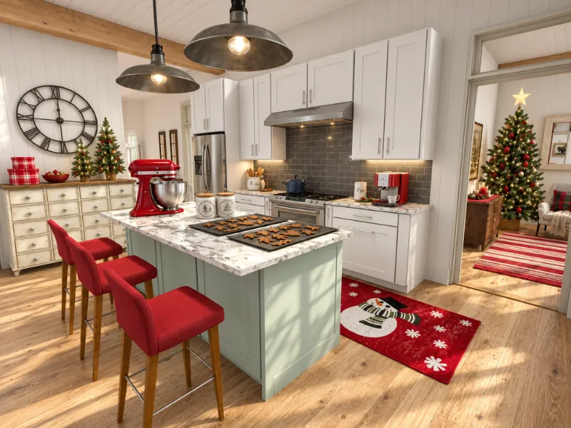 Christmas kitchen with red bar stools, a decorated tree, festive rugs, and holiday baking decor.