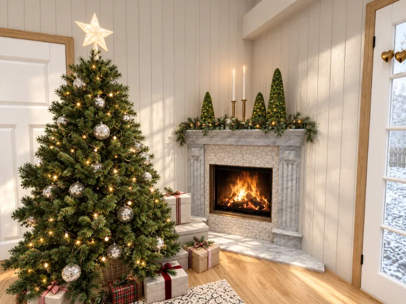 Christmas tree beside a lit fireplace with silver ornaments, garland, candles, and wrapped gifts.