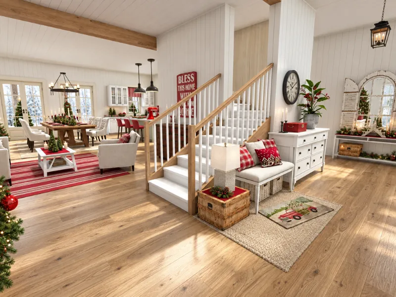 The entryway of a house decorated for christmas.