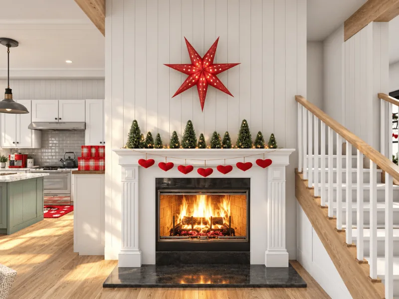 Christmas fireplace decorated with red heart garland, miniature trees, and a large red star.