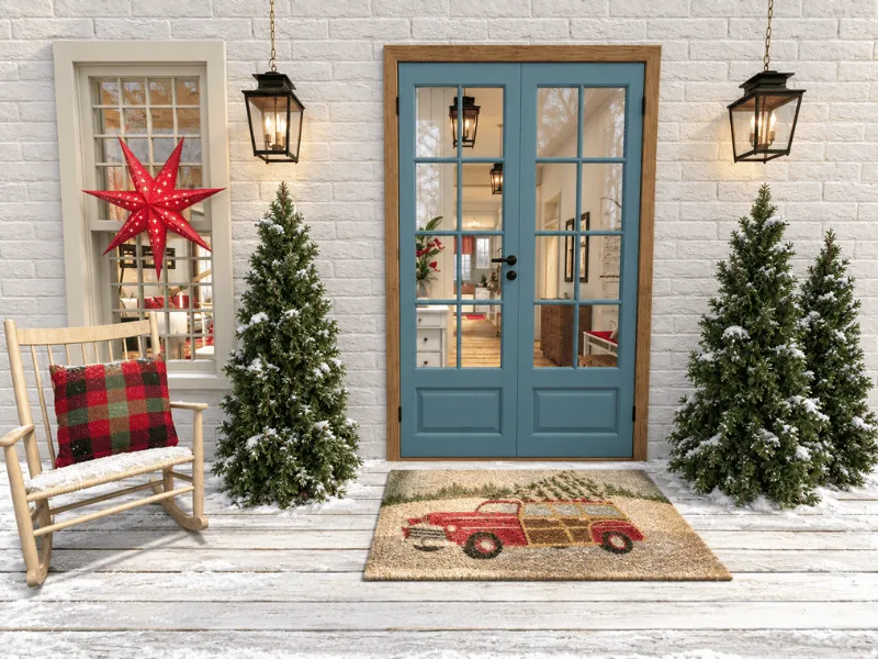 Christmas front porch with snowy evergreen trees, a red star, plaid accents, and a festive doormat.