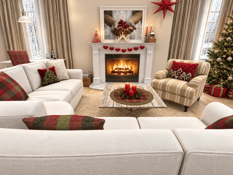 Christmas living room with a decorated tree, lit fireplace, red plaid accents, and festive cushions.