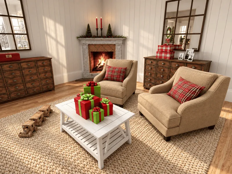 Christmas sitting room with a lit fireplace, plaid cushions, candles, and wrapped gifts.