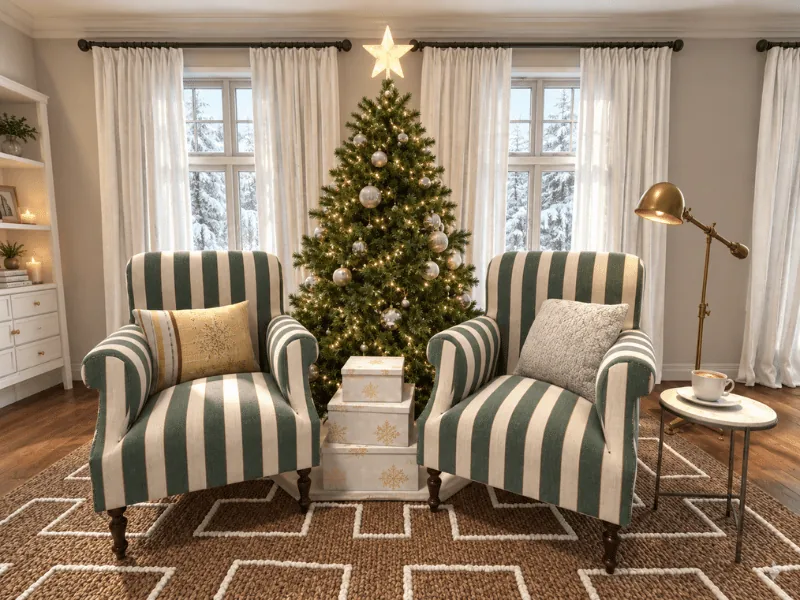 Cozy Christmas reading nook with striped armchairs, a decorated tree, and wrapped gifts.