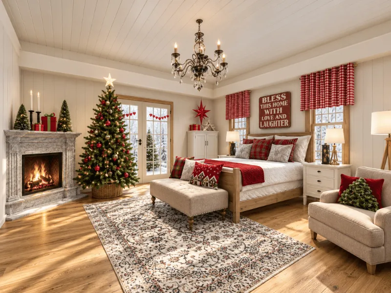Christmas bedroom with a decorated tree, fireplace, red plaid bedding, and festive window treatments.
