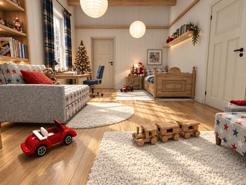 Kids room decorated for Christmas with a small tree, festive toys, plaid curtains, and wood furniture.