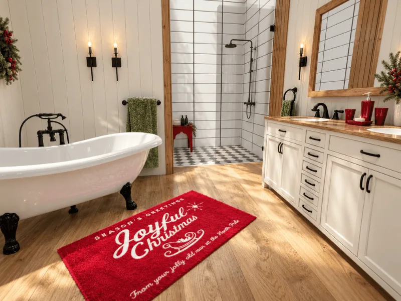 Christmas bathroom with a freestanding tub, red holiday rug, greenery, and festive red accessories.
