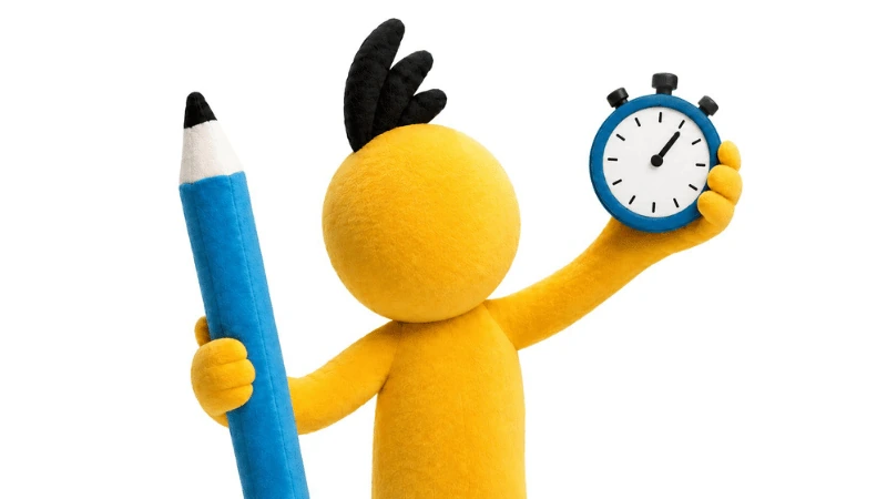 The RoomSketcher mascot holding a stopwatch and a pencil to illustrate fast floor plan creation.