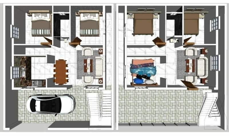 3D floor plan made with SketchUp. The floor plan shows a 5 bedroom house. There are two living spaces, a kitchen, dining, and a garage.
