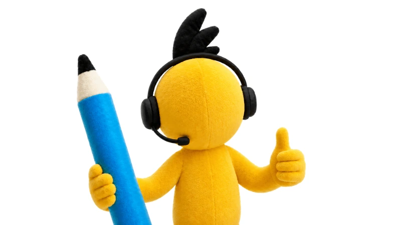 The RoomSketcher mascot wearing a customer support headset while giving a thumbs up.