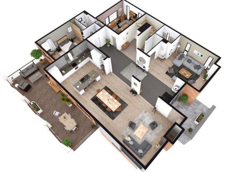 3D floor plan made with Cedreo. The floor plan includes two living spaces, one open kitchen/dining area, a bedroom, two bathrooms, and an office.
