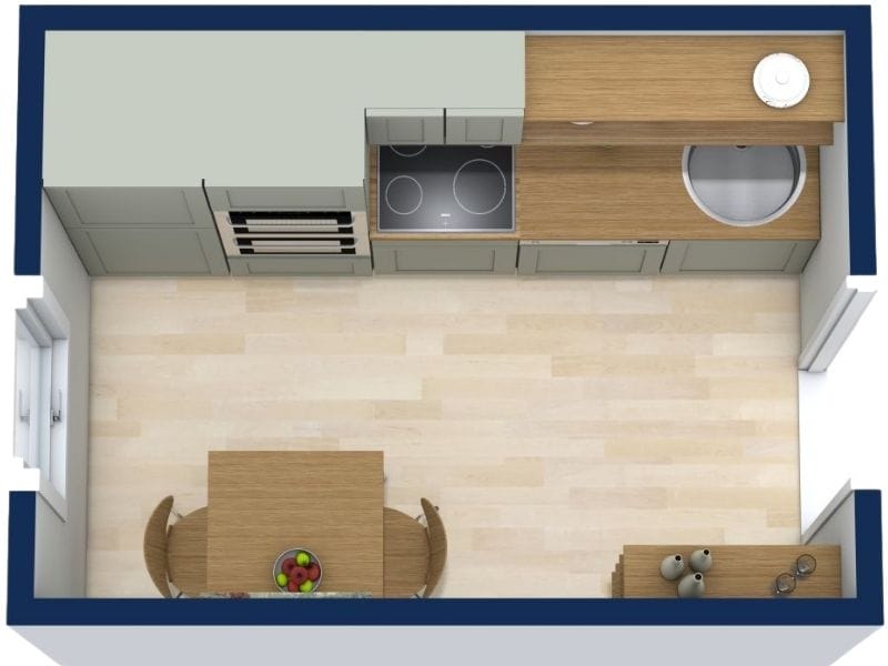 Top-down view of a one-wall kitchen layout with cabinets, sink, and cooktop along a single wall, light wood flooring, and a small dining table placed opposite the kitchen run.