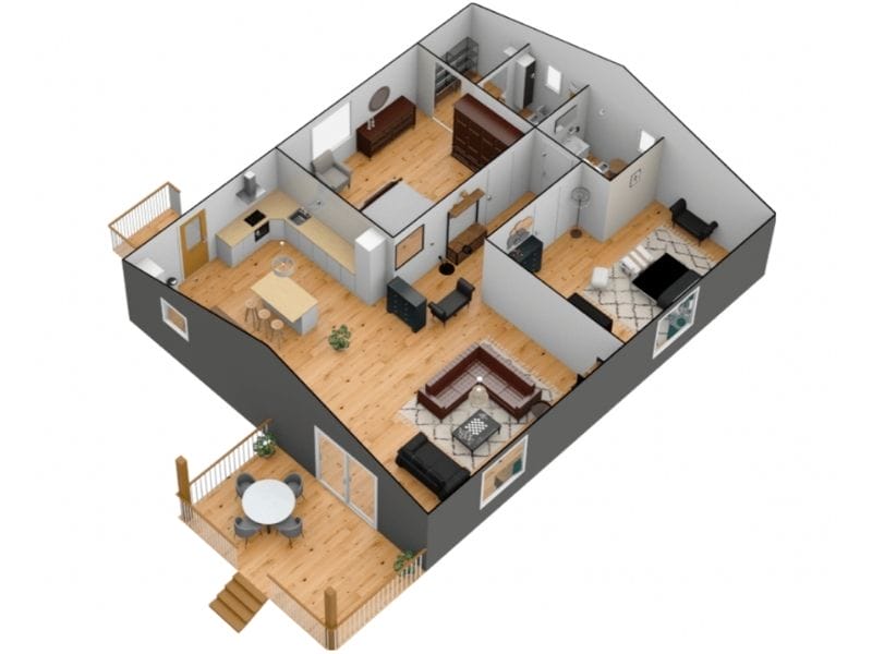 3D furnished floor plan from Floorplanner shows an open layout with kitchen, living, and dining areas.