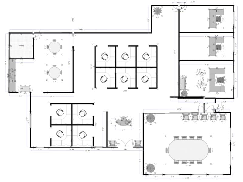2D floor plan made with SmartDraw. The floor plan is of an office layout. There are three private offices, two sets of cubicles, one meeting room, a reception, and a break room.