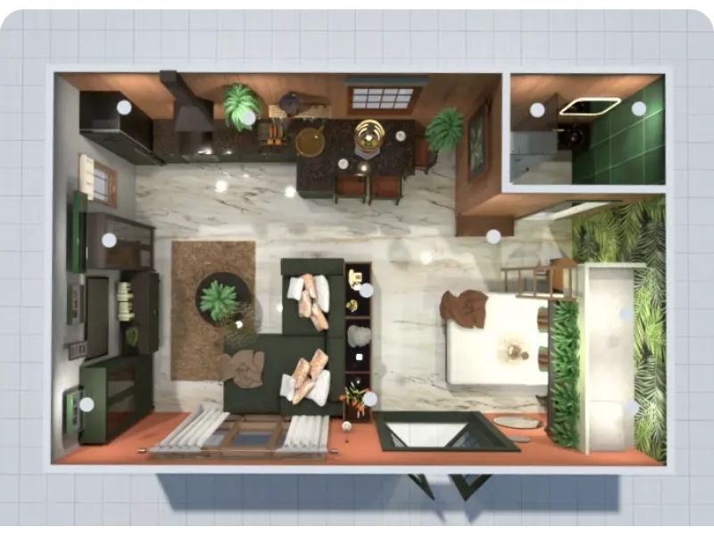 3D floor plan made with Planner 5D. The floor plan is of a small studio apartment. There's a small bathroom, and one open living space with a kitchen and sleeping area.
