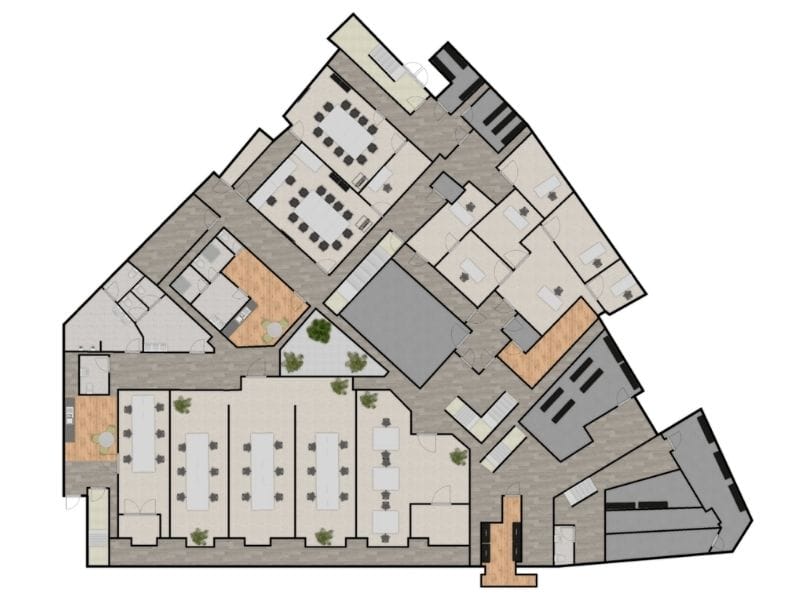 2D floor plan made with Floorplanner. The floor plan is of a large office. It has seven private cubicles, two meeting rooms, five open spaces. There are also muliple bathrooms and multiple break out spaces.