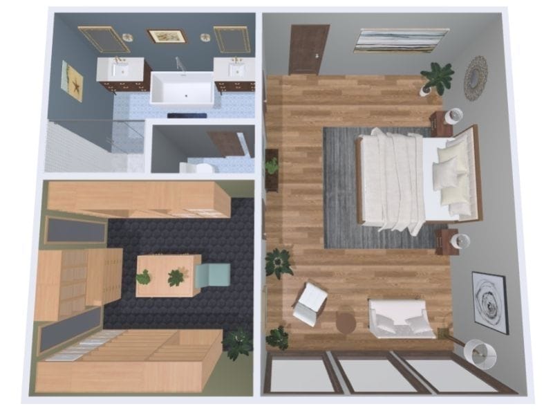 3D floor plan made with Houzz Pro. The floor plan shows a bathroom, bedroom, and a walk-in closet.
