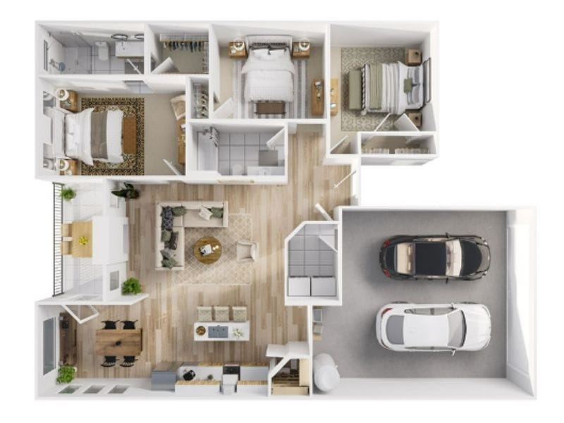 3D floor plan from BoxBrownie. The floor plan is of a three bedroom house with two bathrooms, a laundry room, an open kitchen/dining/living area, and two walk-in closets. There is also a garage connected to the house.