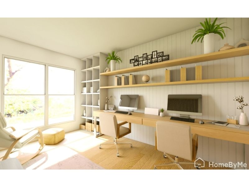 3D photo of an office made with HomeByMe. The photo shows a side-by-side twin desk with computers placed on top and two matching pink chairs. There are wooden shelves above the desks with file maps, a globe, pictures and plants. There is also a white open shelving unit next to the desks.
