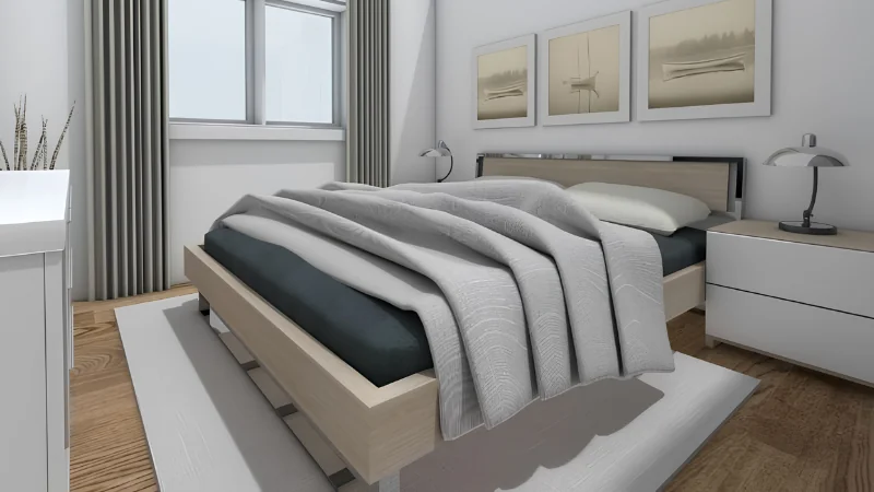 3D render of a modern bedroom with a light wood bed, grey bedding, bedside tables, curtains, framed wall art, and wood flooring.