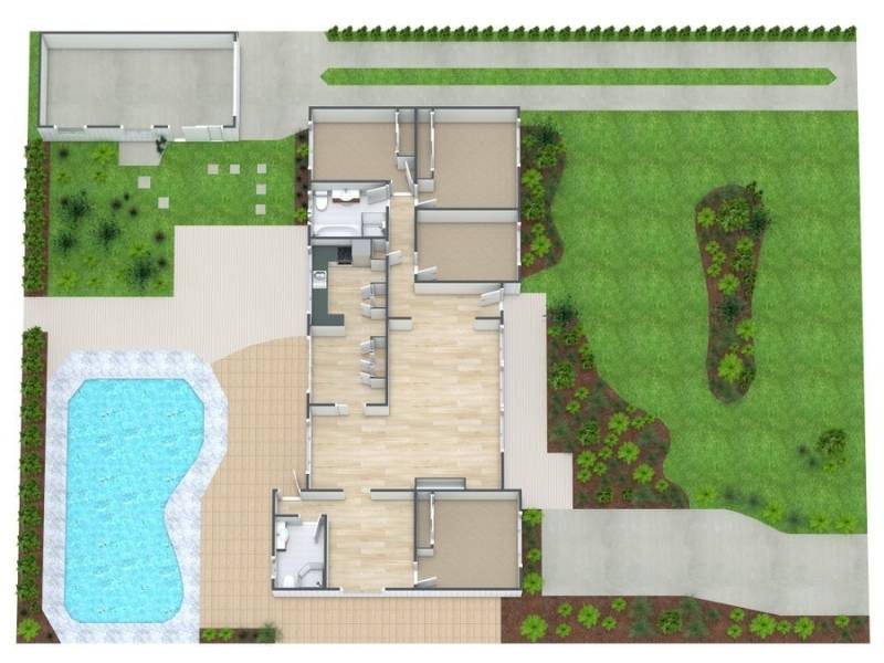 Top-down floor plan of a single-story home with interior rooms shown alongside landscaped outdoor areas, including a large lawn, garden beds, paved walkways, and a backyard swimming pool.