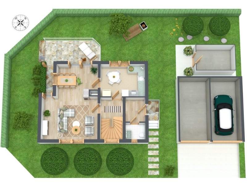 Top-down floor plan of a house with furnished interior rooms, an outdoor patio and garden areas, a detached garage with driveway, and surrounding landscaped lawn.