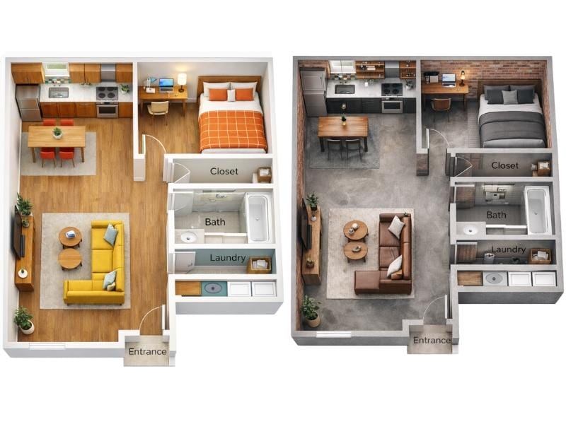 Two 3D floor plan styles of the same one-bedroom apartment layout, showing an open living room and kitchen, a bedroom with closet, and a bathroom and laundry near the entrance, styled with different materials and furniture.