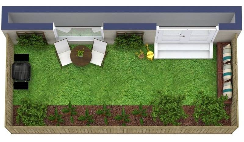 Top-down view of a narrow backyard with a grass lawn, planted garden beds along the fence, a small seating area near the house, built-in bench seating, and a grill placed along one side.