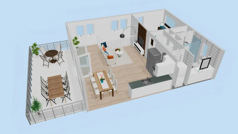 3D floor plan render of an apartment with an open-plan living, dining, and kitchen area, bathroom, bedroom, and outdoor balcony with seating.