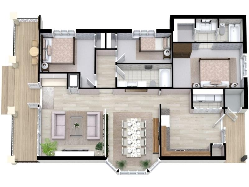 Top-down floor plan of a single-story home highlighting a front porch that runs along the exterior, with seating areas and multiple entry points leading into the main living and dining spaces.