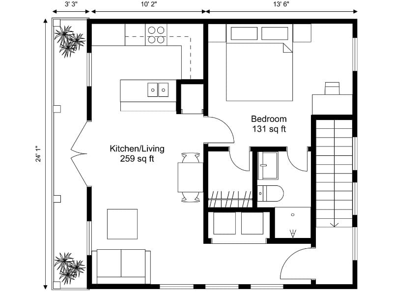 Black and white 2D floor plan of a one-bedroom apartment with open-concept kitchen and living area, bedroom, bathroom, and laundry. The kitchen includes an island and dining table, and the living area has a sofa and plants.
