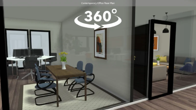 3D render of a 360 degree office floor plan tour, showing a meeting room, workstations, and a lounge area with glass walls.
