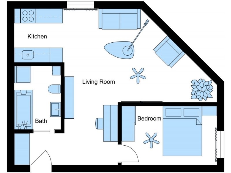 2D floor plan of a one-bedroom apartment with angled walls. Layout includes a separate kitchen, open living room with seating and plants, bedroom with double bed, and bathroom with bathtub