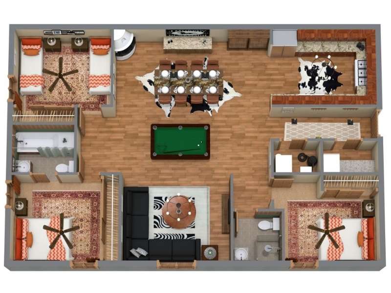 3D floor plan of a spacious three-bedroom condominium with an open living and dining area.