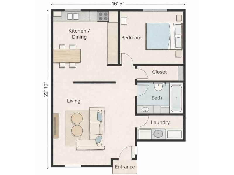 2D floor plan of a small one-bedroom apartment with an open living room and kitchen, a separate bedroom with closet, and a bathroom and laundry area near the entrance, with overall dimensions shown.