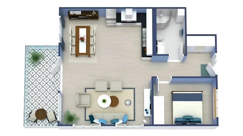 3D floor plan of a one-bedroom apartment with an open-plan living, dining, and kitchen area, bathroom, hallway, and outdoor patio.