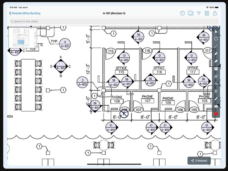 2D floor plan made with magicplan. The floor plan is of an office and is in black-and-white. It shows three offices and a break room.