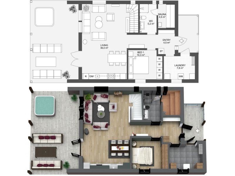 First floor of a four-bedroom house plan showing an open-concept living room and kitchen, one bedroom, bathroom with sauna, laundry room, and entryway. Includes outdoor terraces with seating and a hot tub, shown in 2D and 3D views.