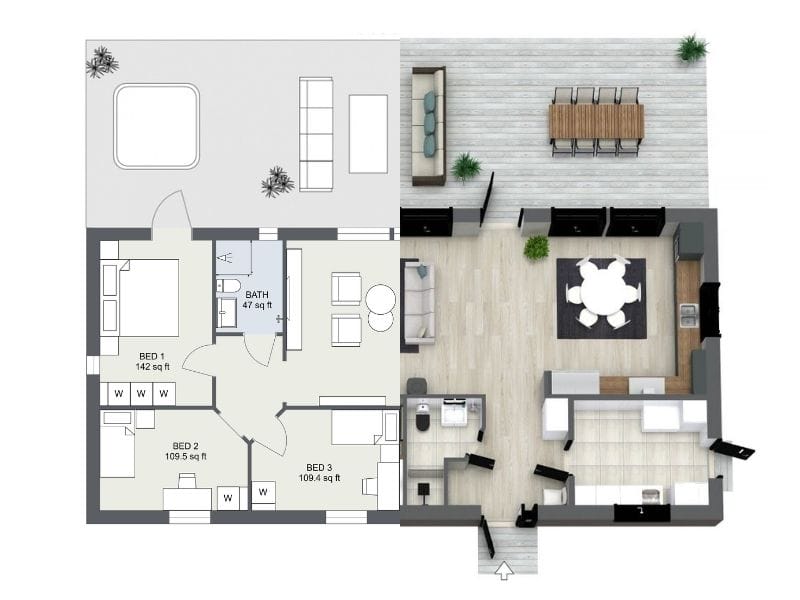Split view of a single-story home layout combining a 2D floor plan (left) with a 3D rendered interior (right). The floor plan has three bedrooms, two bathrooms, an open kitchen/living room, a laundry room, and a furnished balcony with a pool. All rooms are furnished.