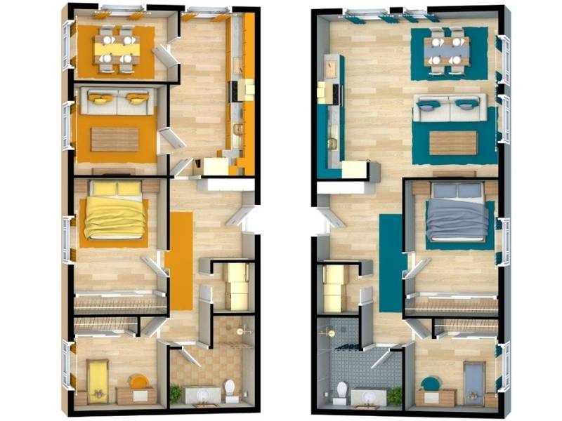 Side-by-side 3D floor plans of a one-bedroom apartment, showing two layout options. The left plan has a closed layout with separate kitchen, dining, and living areas, while the right plan features an open layout combining kitchen, dining, and living space.